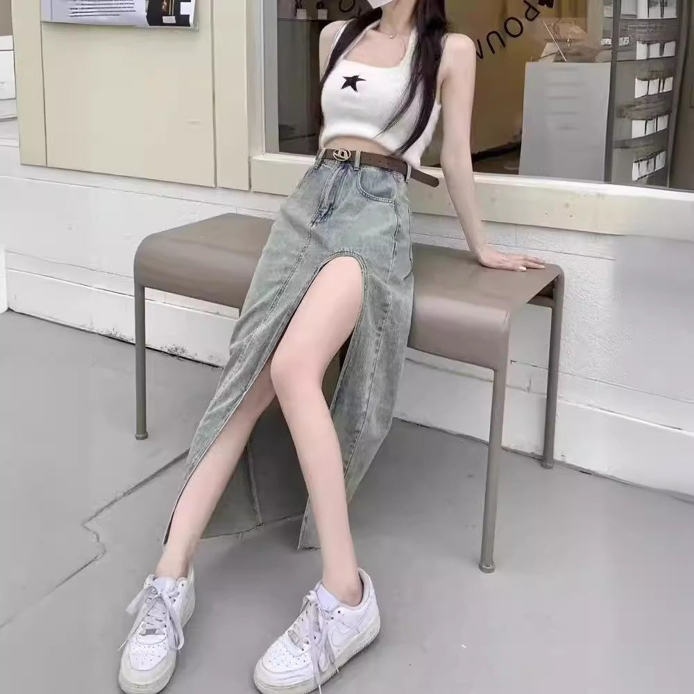 Spice Girl Side Split High Waist Denim Skirt Women's 2024 Summer New Slim-fit Slimming A- line Hip Long Skirt