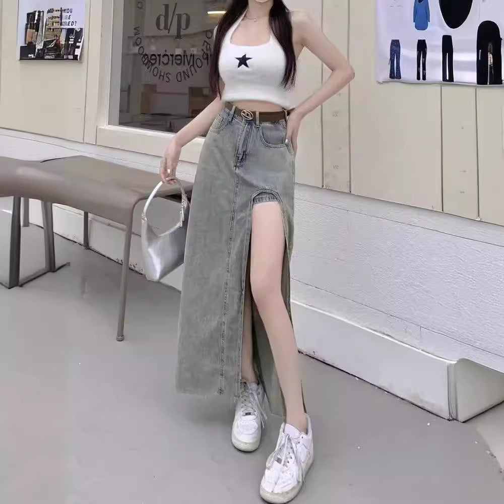 Spice Girl Side Split High Waist Denim Skirt Women's 2024 Summer New Slim-fit Slimming A- line Hip Long Skirt