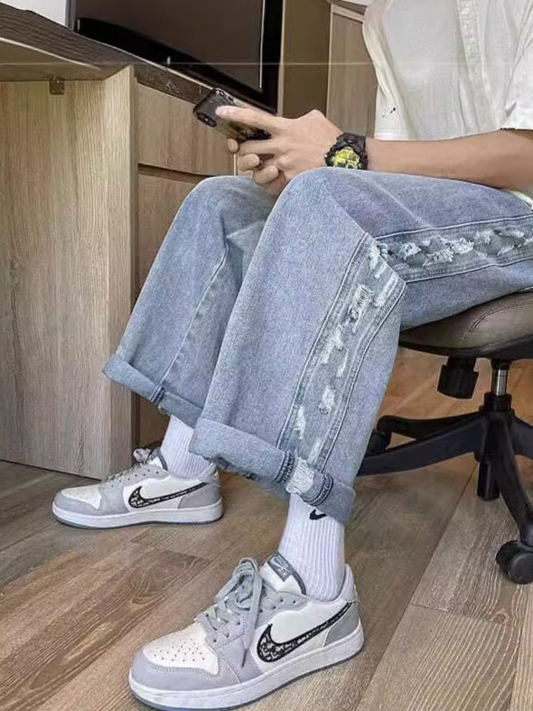 2024 New Fashion Trendy Denim Pants Men's Design Sense Joker Casual Straight Pants Spring and Autumn Wide Leg Pants