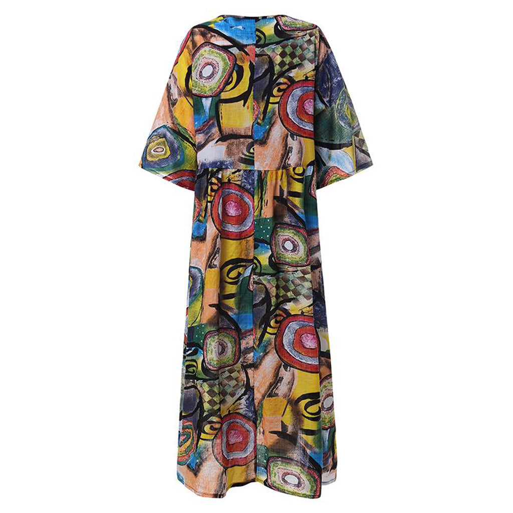 Cutton and Linen New Women's Long Retro Bohemian Pleated Sleeve Belted Waist Printed Dress