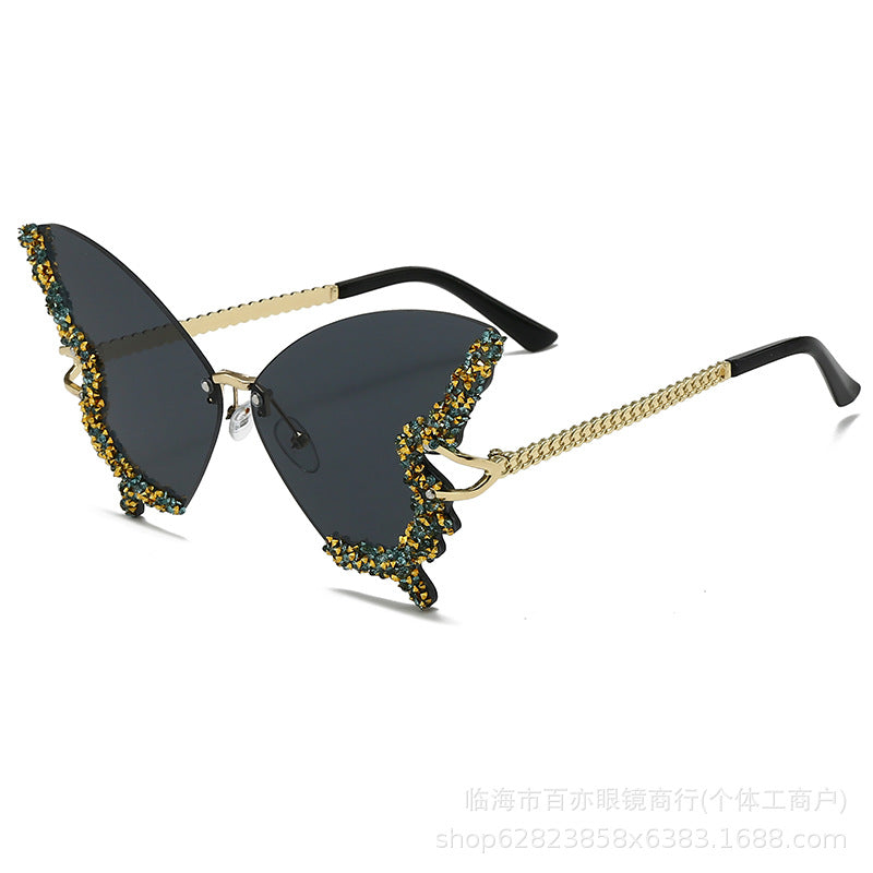 Cross-border New Butterfly Shape Diamond Rimless Sunglasses Women's Fashion Personality Exaggerated Sunglasses European And American Internet Red Broken Diamond
