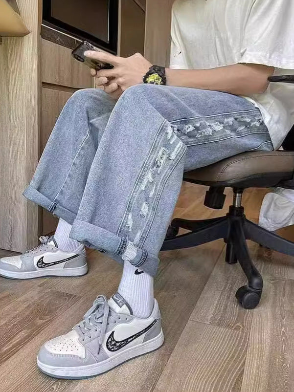 2024 New Fashion Trendy Denim Pants Men's Design Sense Joker Casual Straight Pants Spring and Autumn Wide Leg Pants