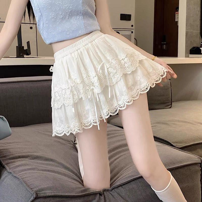 Ballet Style White Cake Skirt for Women Summer High Waist Slim French Lace A-line Puffy Skirt
