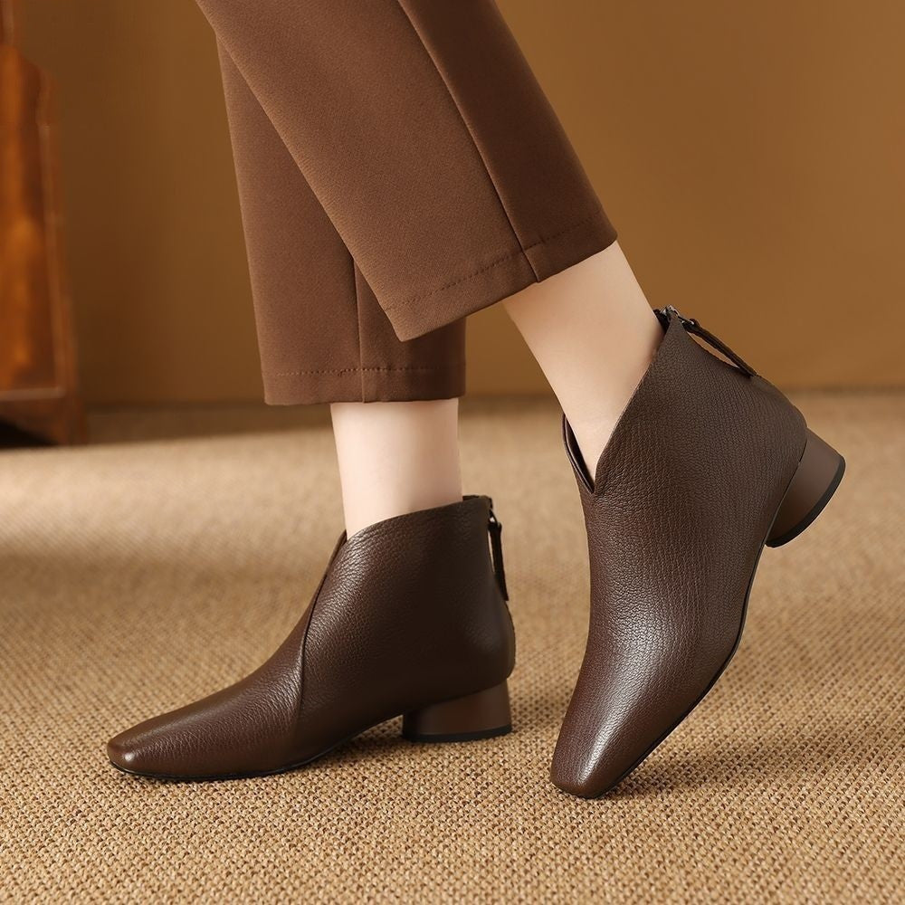 New Retro British Style Thick Heel Pointed Toe Real Soft Leather Slimming Western Boots Women's Short Boots Half-Fang Handmade Women's Shoes