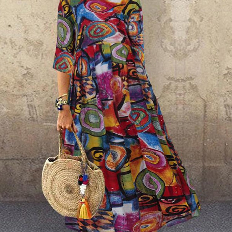 Cutton and Linen New Women's Long Retro Bohemian Pleated Sleeve Belted Waist Printed Dress
