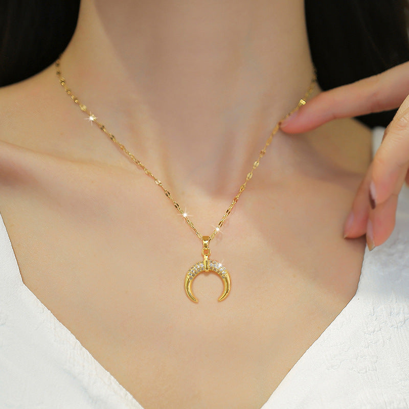 Crescent Curved Light Luxury Cross-border Banquet Wedding Necklace Women's Internet Celebrity All-match Clavicle Chain Titanium Steel Chain