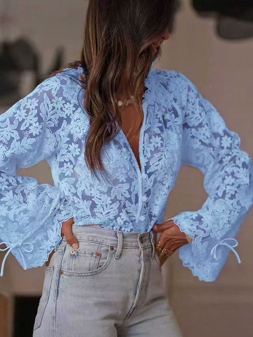 95%polyester 5%Spandext Women's Clothing K-Style New Cut Out Casual Lace Shirt Lace Shirt For Women