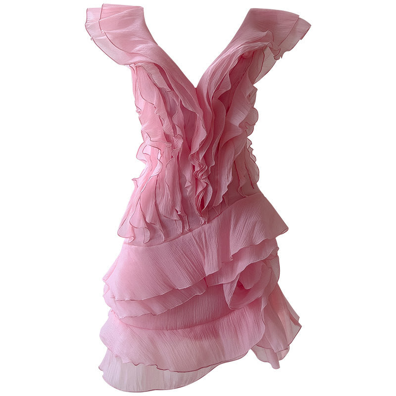 French Light Luxury Temperament V-neck Slim Fit Ruffled Waist Banquet Dress Sweet Style Dress 69348