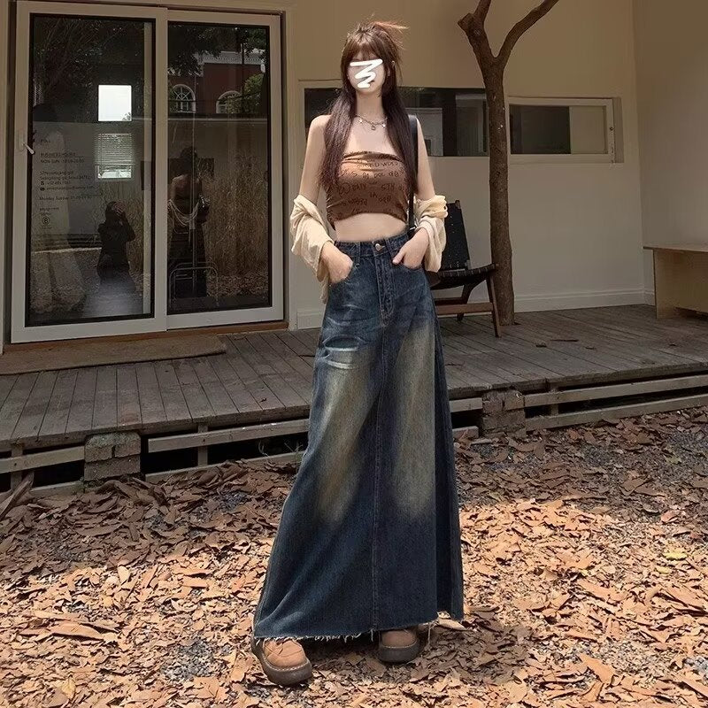 Vintage High Waist Design Sense Denim Skirt Women's 2024 Summer New Niche A- line Hip Fur-edged Long Skirt
