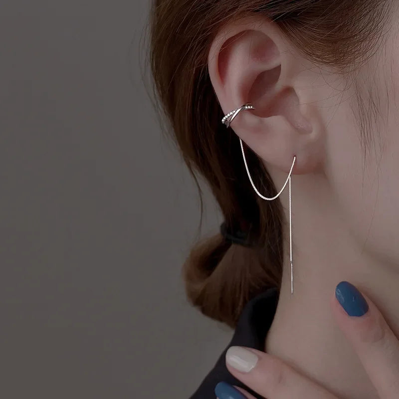 Sterling Silver Tassel Ear Clip Ear Wire One-piece Earrings Women's 2023 New Fashionable High-end Niche Design Ear Clip