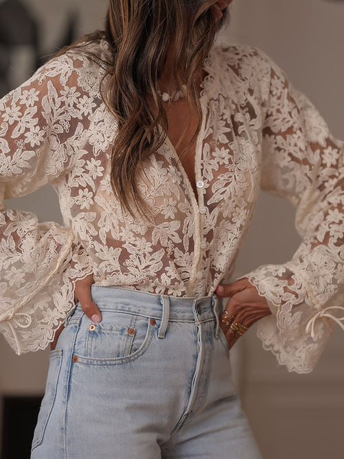 95%polyester 5%Spandext Women's Clothing K-Style New Cut Out Casual Lace Shirt Lace Shirt For Women