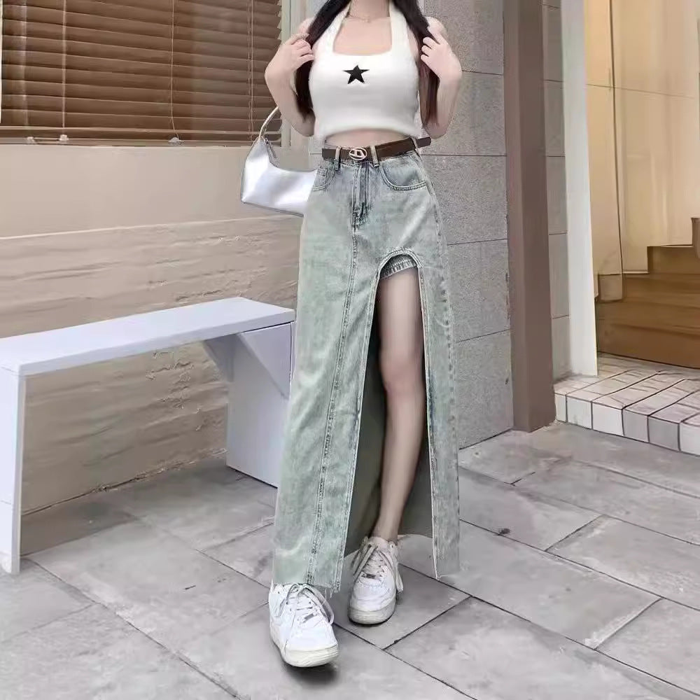 Spice Girl Side Split High Waist Denim Skirt Women's 2024 Summer New Slim-fit Slimming A- line Hip Long Skirt