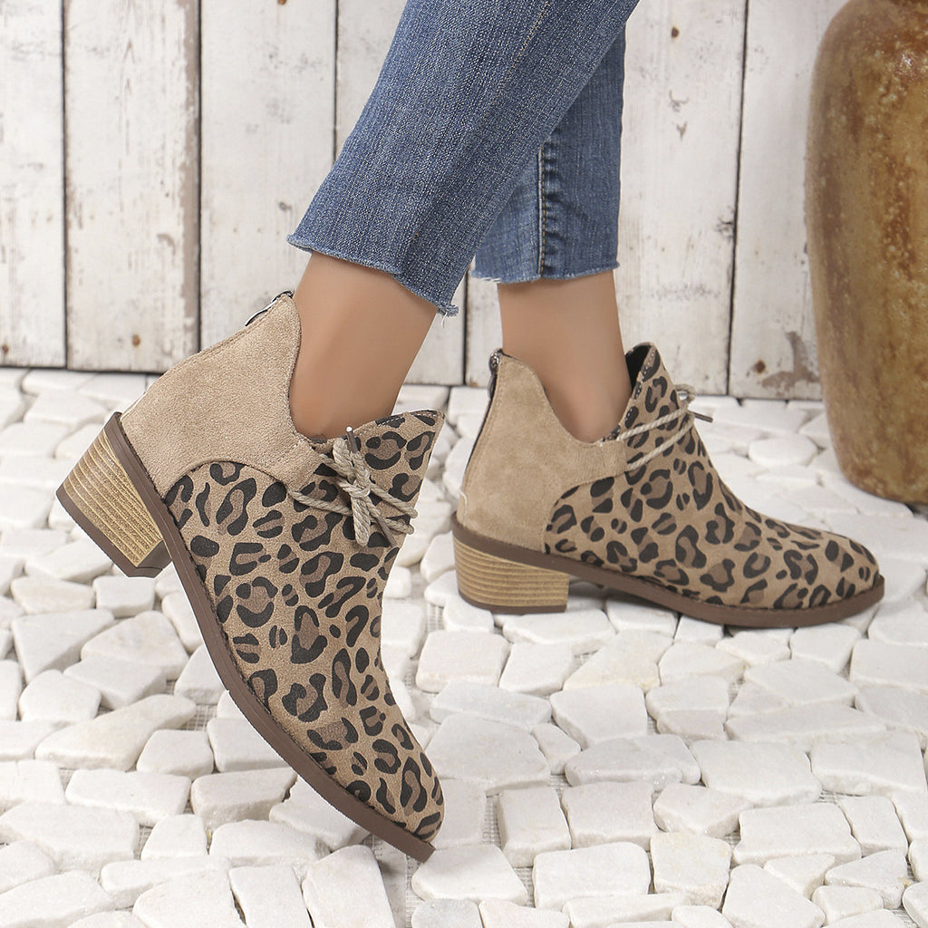 2024 autumn and winter cross-border women's shoes new European and American style pointed square heel leopard print fashion short boots women's foreign trade plus size