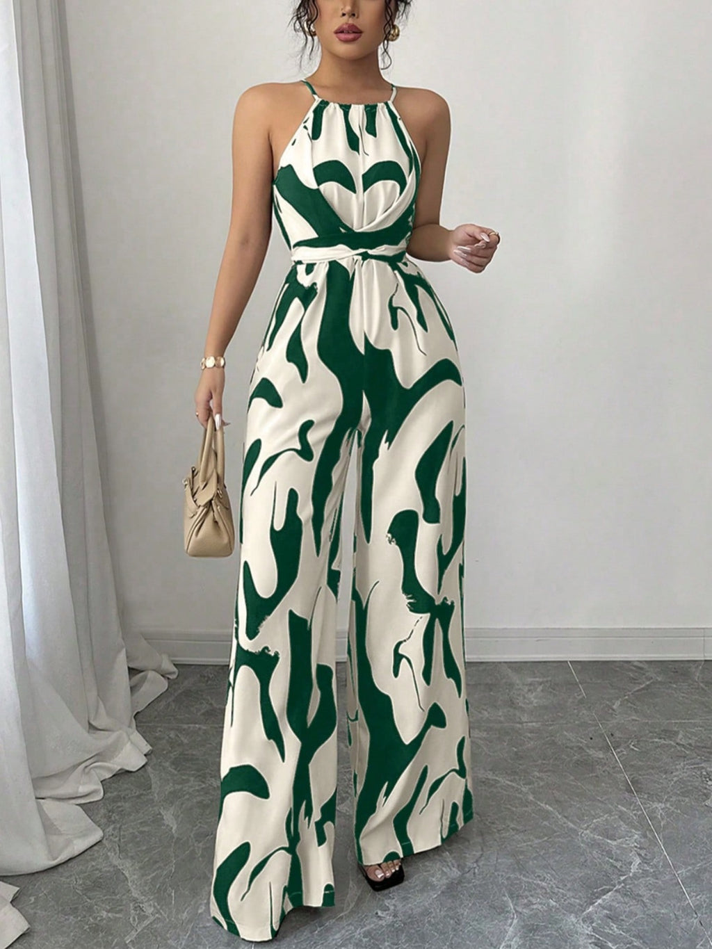 Polyester Women's Clothing Retro Versatile Lace-Up Waist Slimming Printed Halterneck Jumpsuit For Women Summer High-End