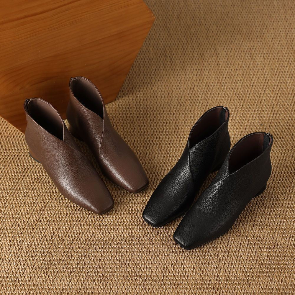 New Retro British Style Thick Heel Pointed Toe Real Soft Leather Slimming Western Boots Women's Short Boots Half-Fang Handmade Women's Shoes
