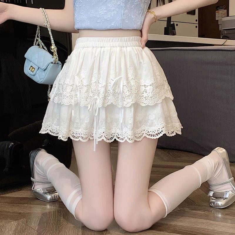 Ballet Style White Cake Skirt for Women Summer High Waist Slim French Lace A-line Puffy Skirt