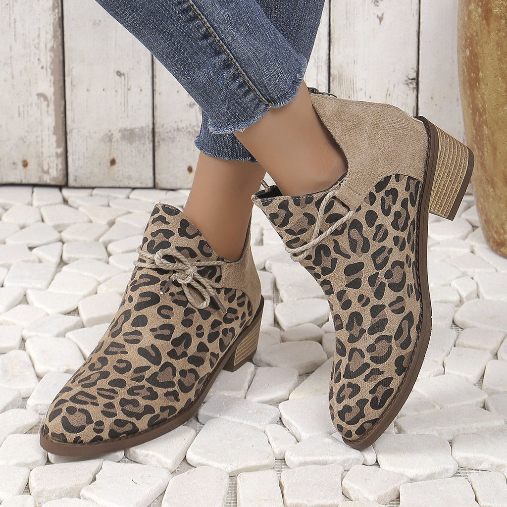 2024 autumn and winter cross-border women's shoes new European and American style pointed square heel leopard print fashion short boots women's foreign trade plus size