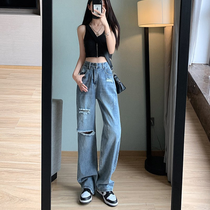 Slim-fit Ripped Jeans Women's High Waist Loose Summer Vintage Old-fashioned Small Dipped Wide Leg Dumped Trousers