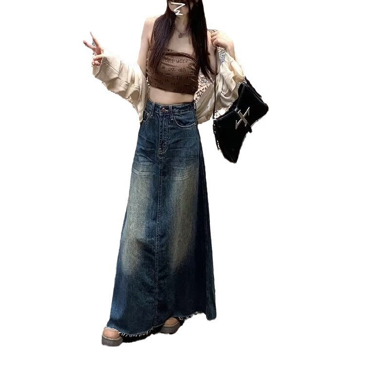 Vintage High Waist Design Sense Denim Skirt Women's 2024 Summer New Niche A- line Hip Fur-edged Long Skirt