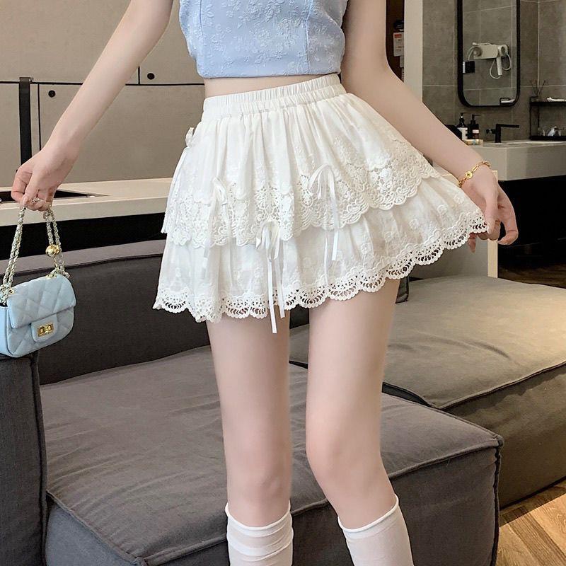 Ballet Style White Cake Skirt for Women Summer High Waist Slim French Lace A-line Puffy Skirt