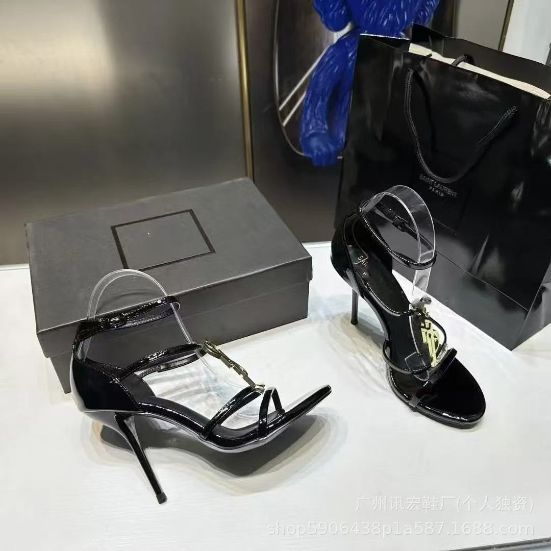 High-heeled Sandals For Women 2025 Summer New Versatile Gold And Black Letter Heel Black Patent Leather Thin Buckle High Heels