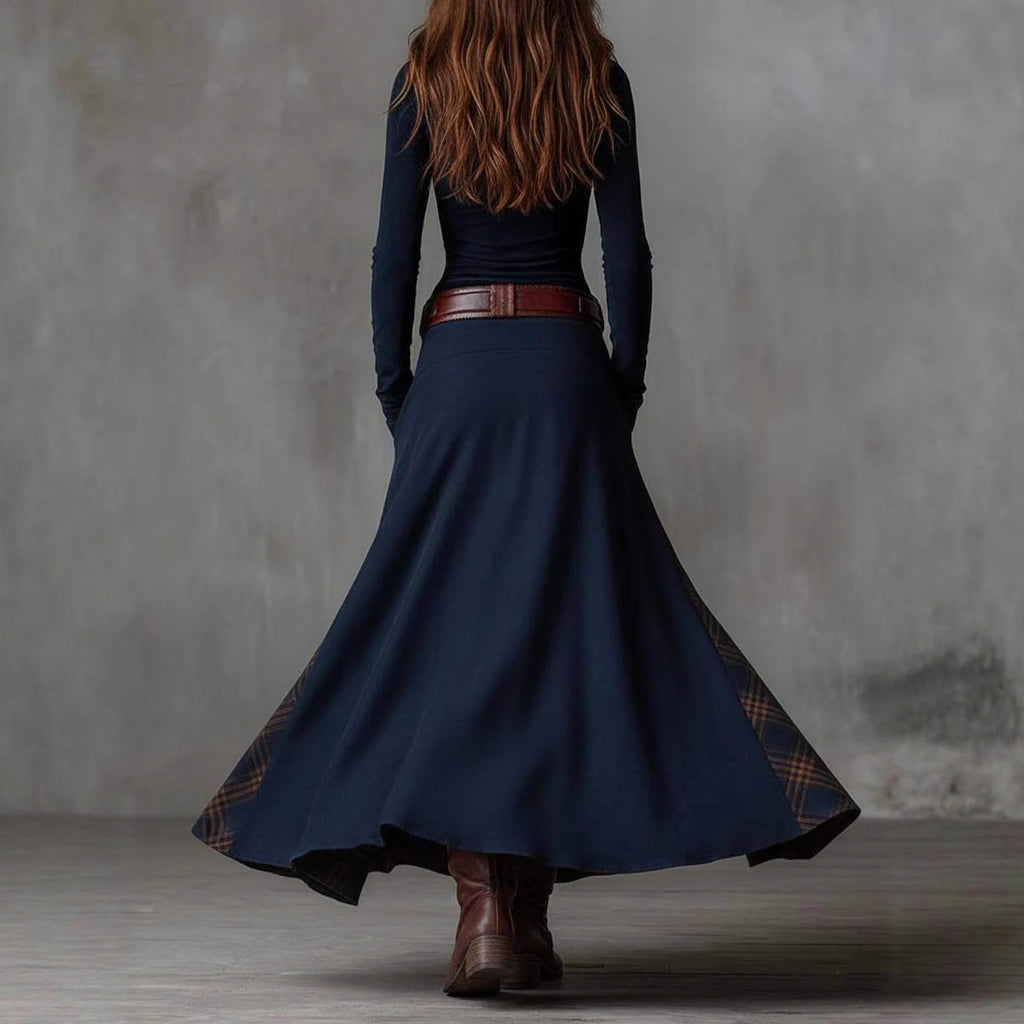 Suede Fabric Patchwork Retro Temperament Dress With Pockets, Buttons And Belt
