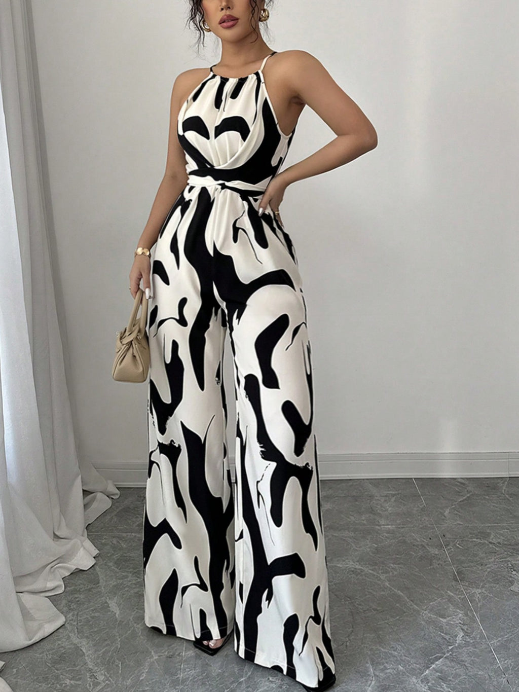 Polyester Women's Clothing Retro Versatile Lace-Up Waist Slimming Printed Halterneck Jumpsuit For Women Summer High-End