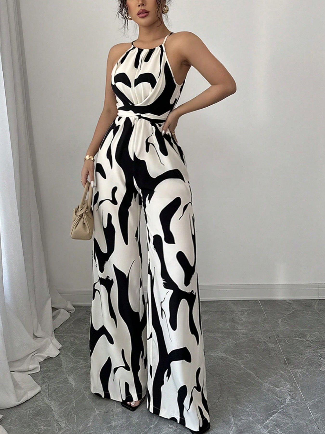 Polyester Women's Clothing Retro Versatile Lace-Up Waist Slimming Printed Halterneck Jumpsuit For Women Summer High-End