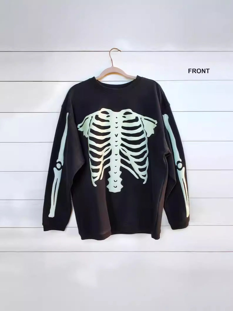 Polyester High Street Hip Hop Oversize Bone Skull Diablo Retro Long Sleeve Round Neck T-shirt Sweatshirt Customization