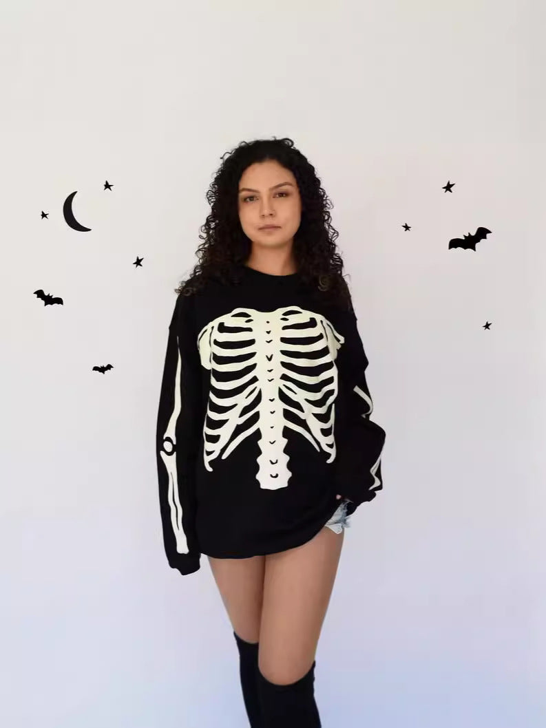 Polyester High Street Hip Hop Oversize Bone Skull Diablo Retro Long Sleeve Round Neck T-shirt Sweatshirt Customization