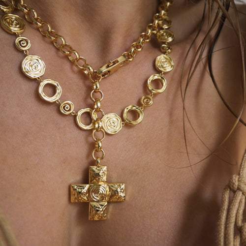 18K Gold-Plated Titanium Steel Cross Spinning Bead Chain Necklace