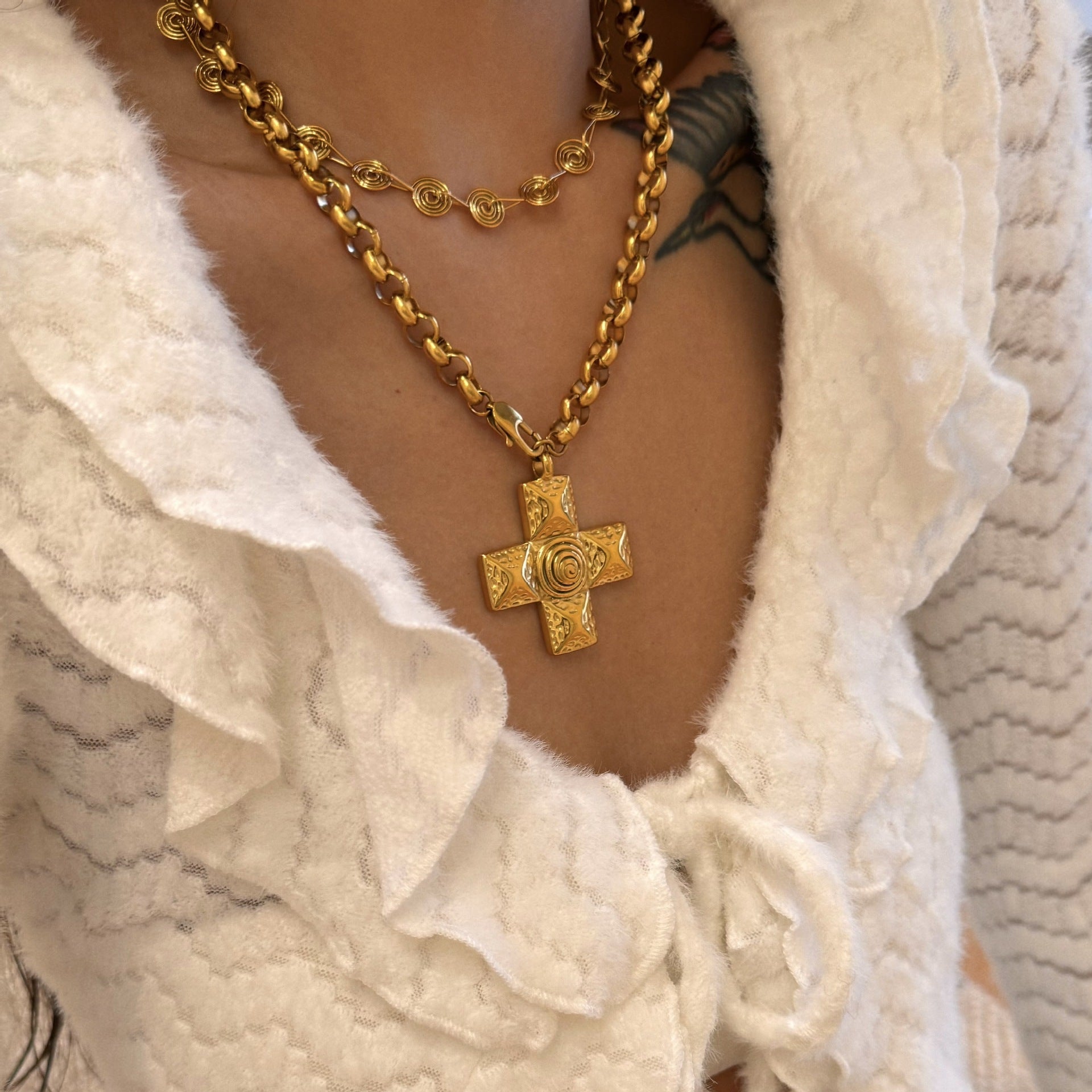 18K Gold-Plated Titanium Steel Cross Spinning Bead Chain Necklace