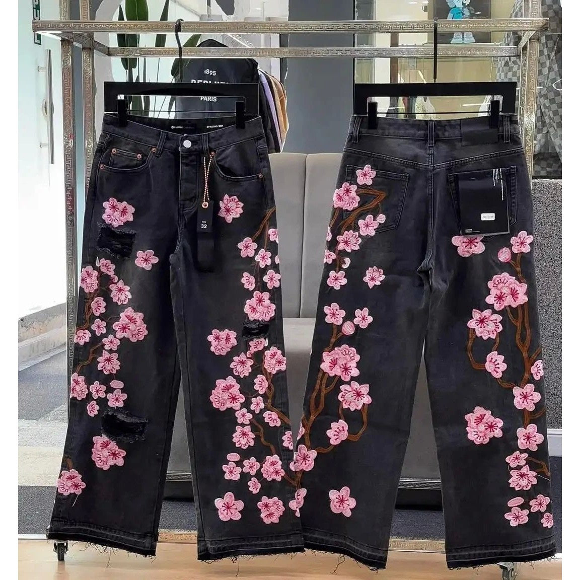 European And American Cross-Border Street Gothic Style Cherry Blossom Embroidered Jeans Y2K Men And Women Same Style Retro Fashion Straight