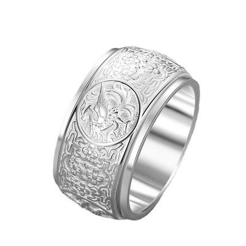 Sterling Silver 999 Pure Silver Men's Ring Domineering Personality Four Gods Beast Bully Rotatable Width Plus Size Trendy Single Food