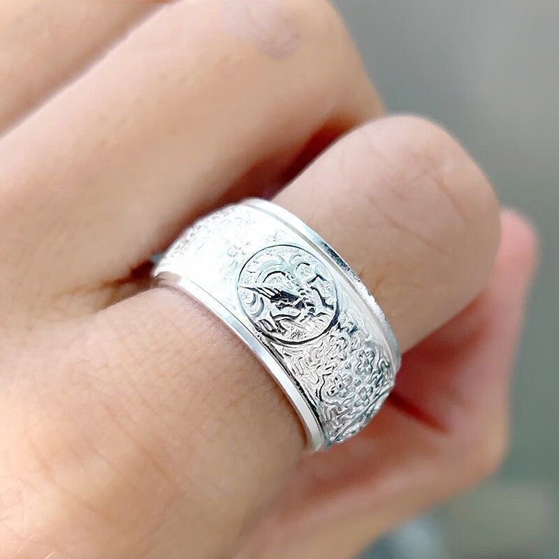 Sterling Silver 999 Pure Silver Men's Ring Domineering Personality Four Gods Beast Bully Rotatable Width Plus Size Trendy Single Food