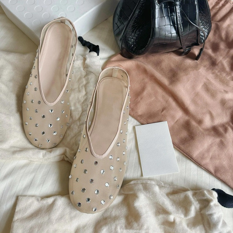 Fairy Style Mesh Rhinestone Shallow Mouth Flats Shoes 2025 Summer New Niche High-End Mary Jane Women's Shoes