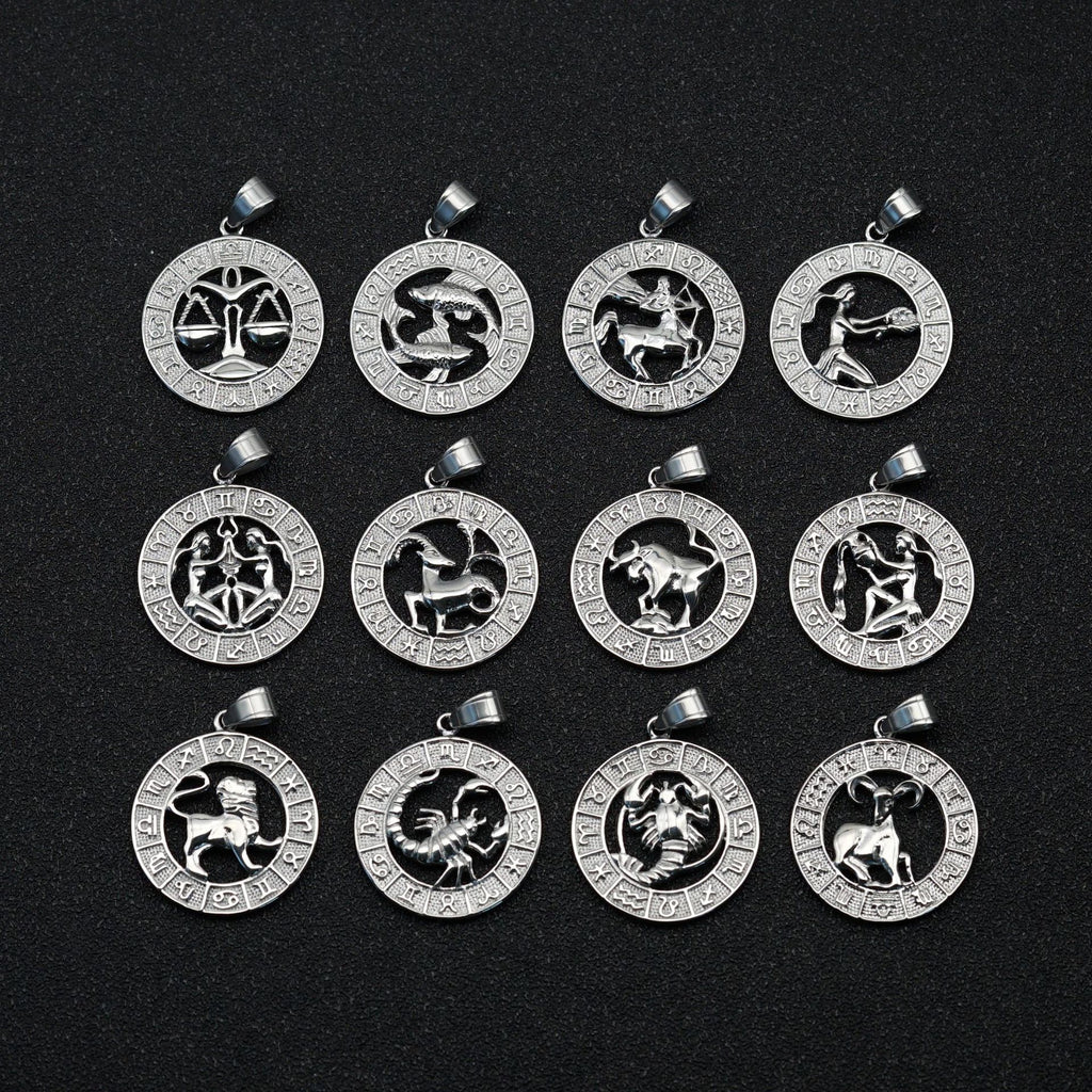 European And American Cross-border Trend Explosions Fashion Retro Titanium Steel Hollow Twelve Constellation Relief Pendant Couple Necklace