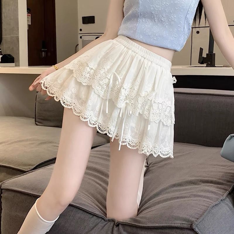 Ballet Style White Cake Skirt for Women Summer High Waist Slim French Lace A-line Puffy Skirt