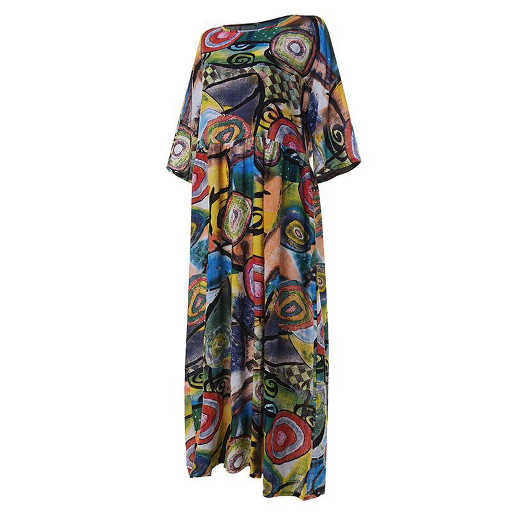 Cutton and Linen New Women's Long Retro Bohemian Pleated Sleeve Belted Waist Printed Dress