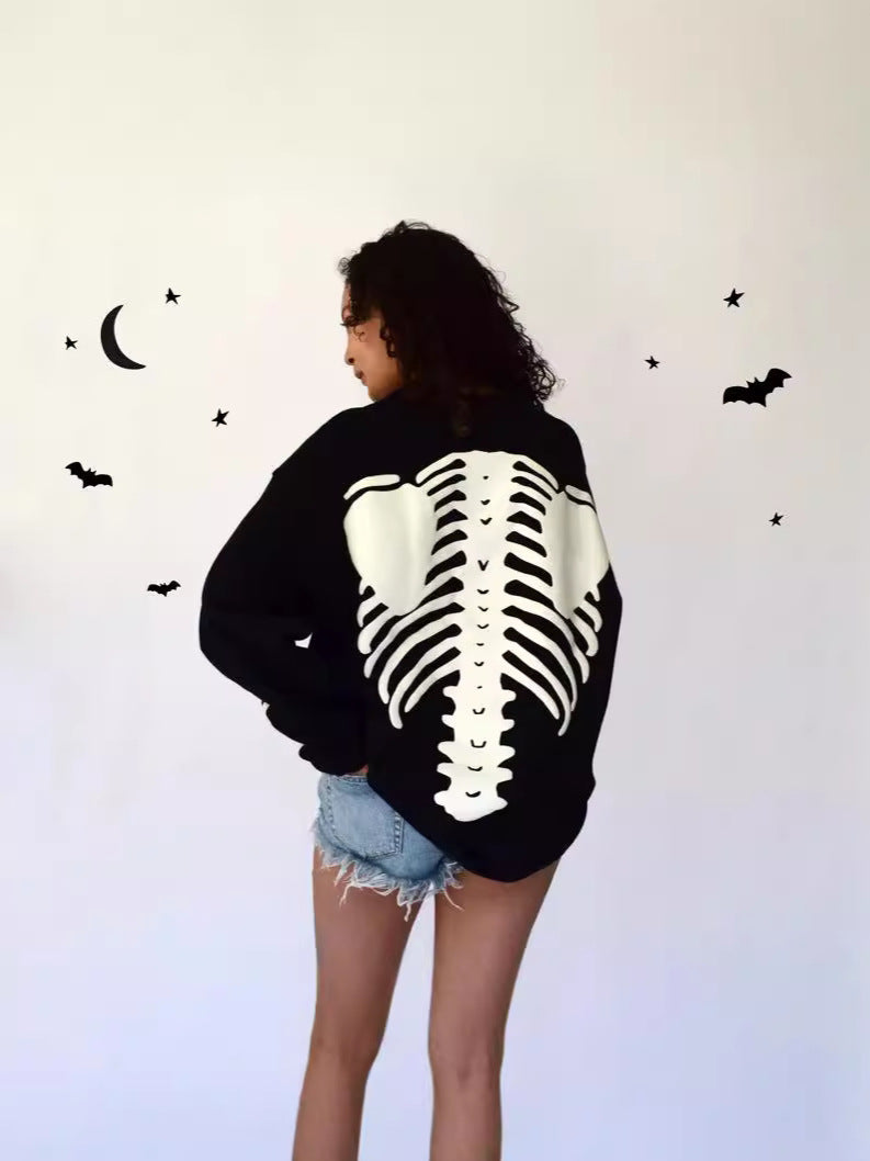 Polyester High Street Hip Hop Oversize Bone Skull Diablo Retro Long Sleeve Round Neck T-shirt Sweatshirt Customization