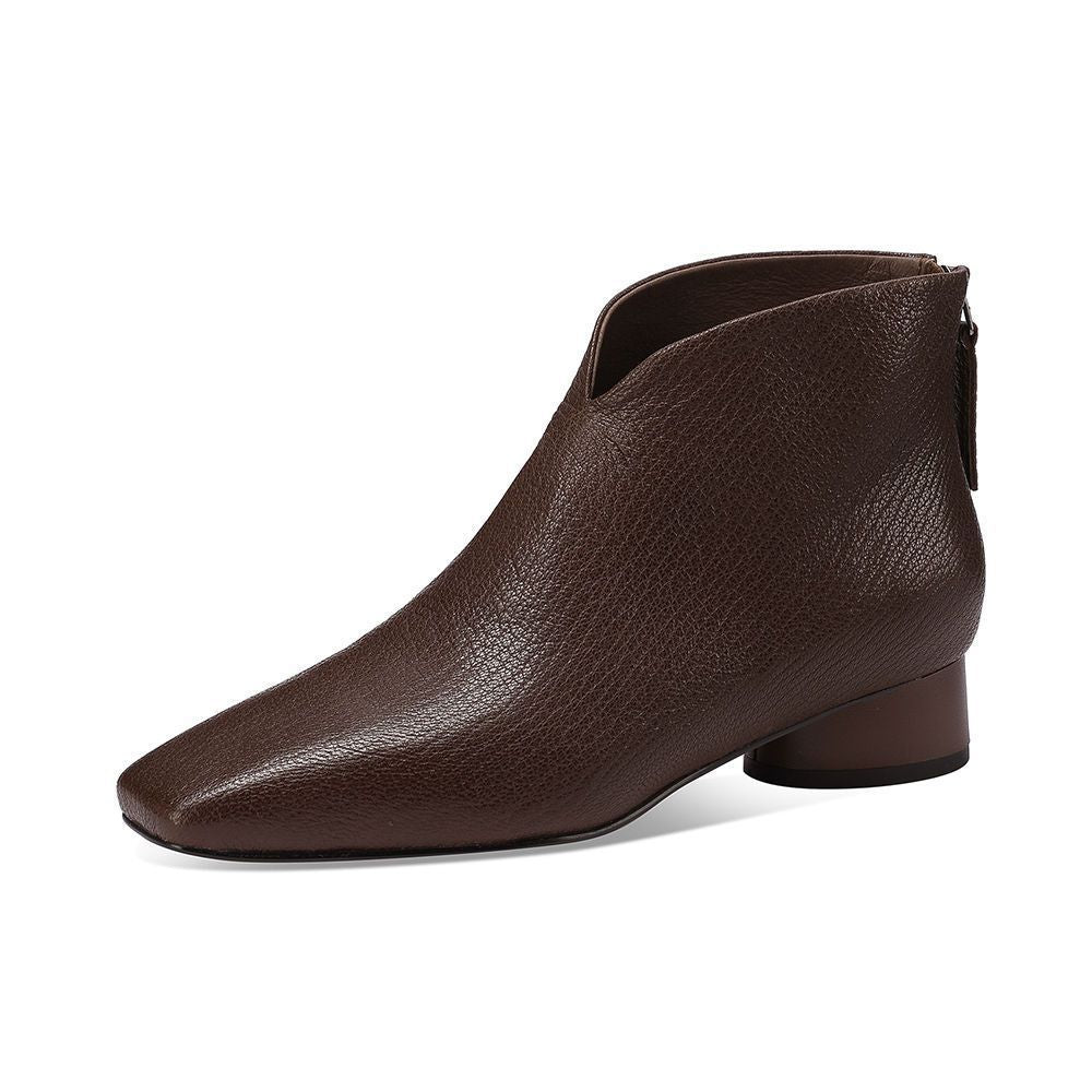 New Retro British Style Thick Heel Pointed Toe Real Soft Leather Slimming Western Boots Women's Short Boots Half-Fang Handmade Women's Shoes