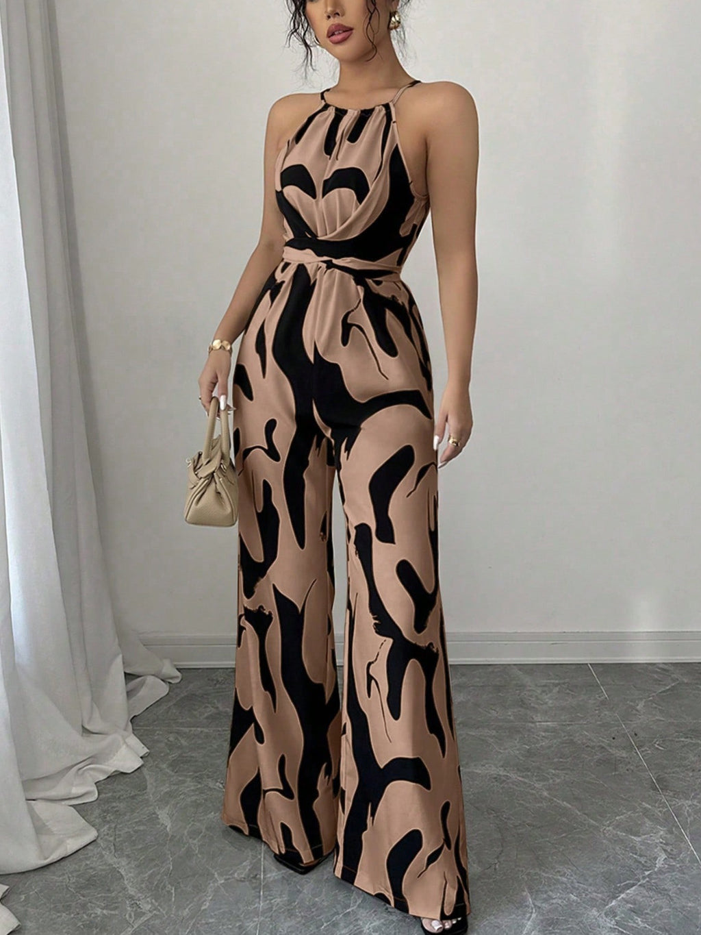 Polyester Women's Clothing Retro Versatile Lace-Up Waist Slimming Printed Halterneck Jumpsuit For Women Summer High-End