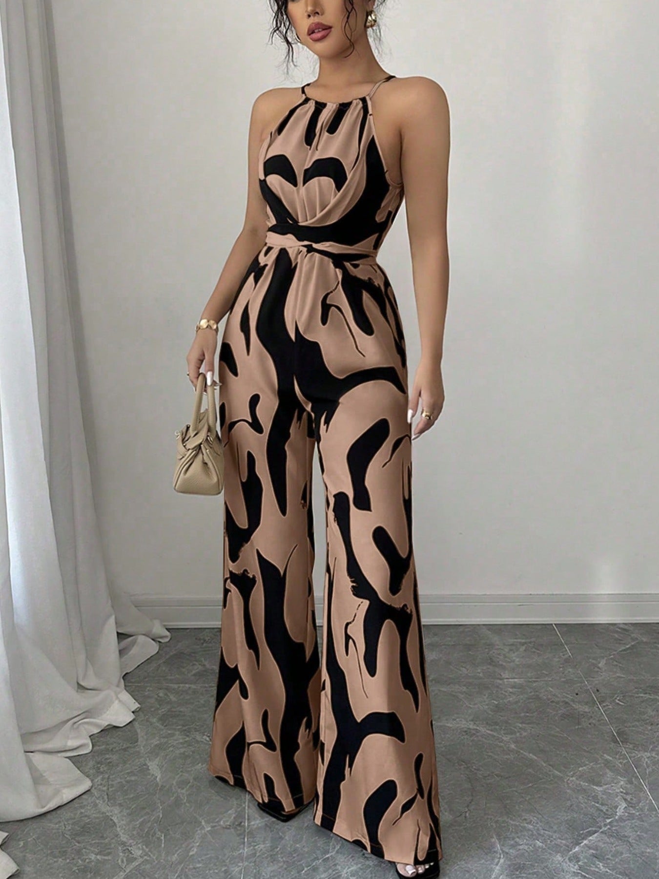 Polyester Women's Clothing Retro Versatile Lace-Up Waist Slimming Printed Halterneck Jumpsuit For Women Summer High-End