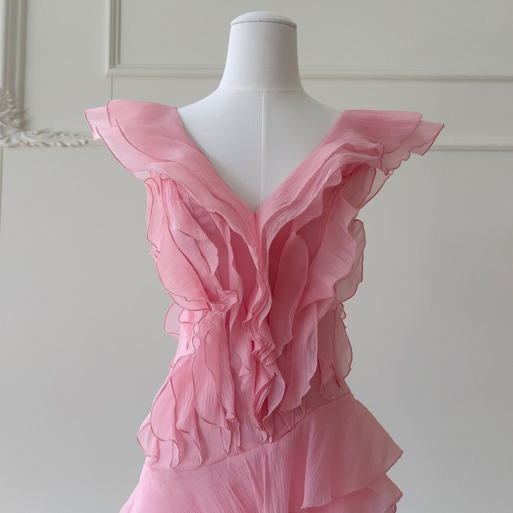 French Light Luxury Temperament V-neck Slim Fit Ruffled Waist Banquet Dress Sweet Style Dress 69348