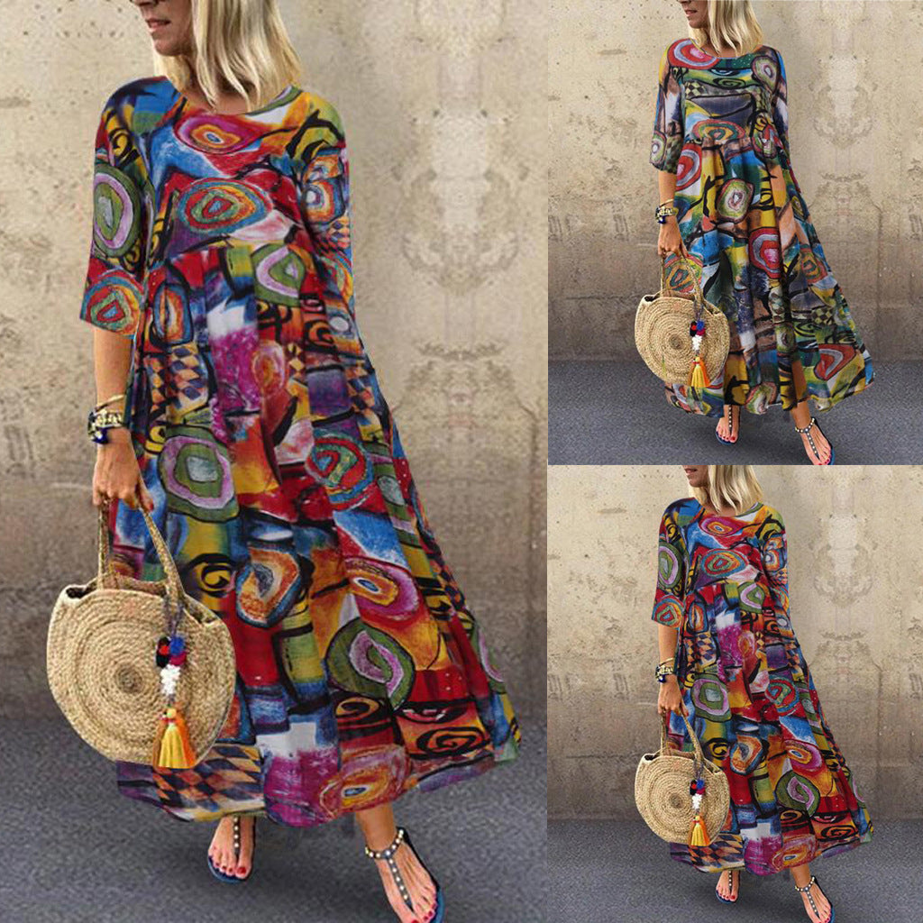 Cutton and Linen New Women's Long Retro Bohemian Pleated Sleeve Belted Waist Printed Dress