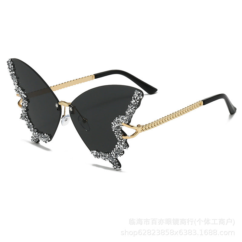 Cross-border New Butterfly Shape Diamond Rimless Sunglasses Women's Fashion Personality Exaggerated Sunglasses European And American Internet Red Broken Diamond