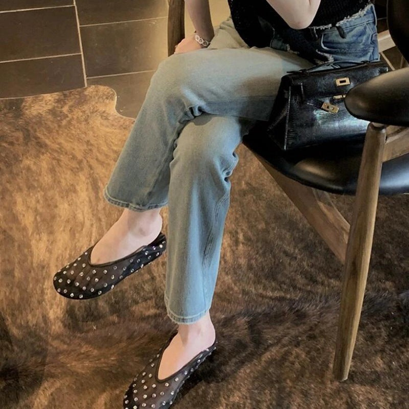 Fairy Style Mesh Rhinestone Shallow Mouth Flats Shoes 2025 Summer New Niche High-End Mary Jane Women's Shoes