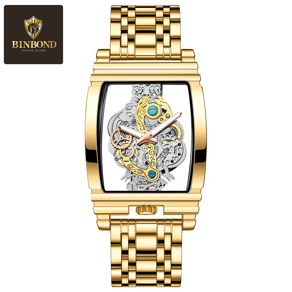Fashion Wine Barrel Motorcycle Gear Strip Hollow Watch Tourbillon Leather Watch Men's Personalized Waterproof Luminous