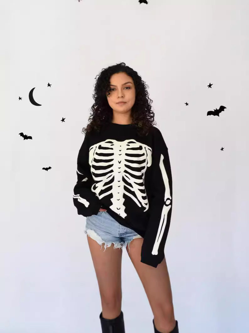 Polyester High Street Hip Hop Oversize Bone Skull Diablo Retro Long Sleeve Round Neck T-shirt Sweatshirt Customization