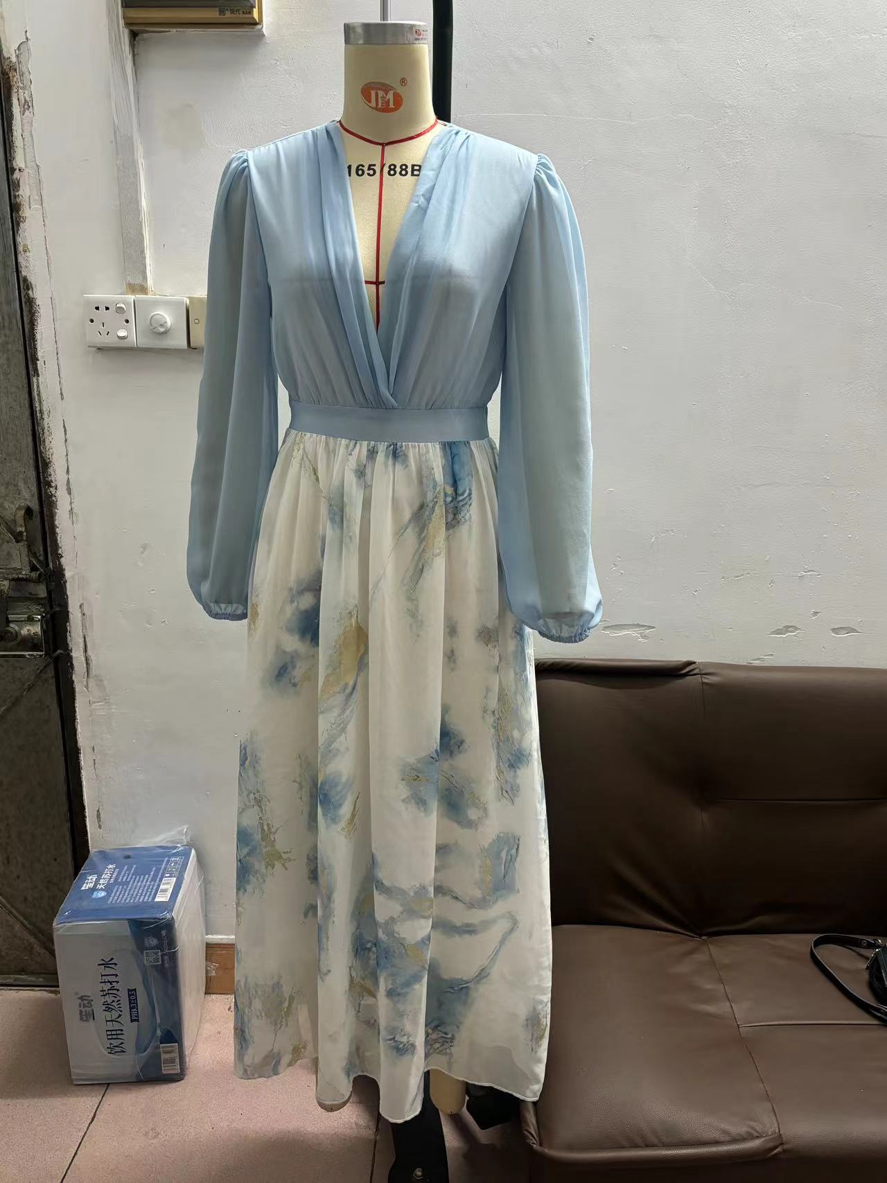 Polyester Digital Printing Long-Sleeved V Neck Splicing Long Skirt Dress